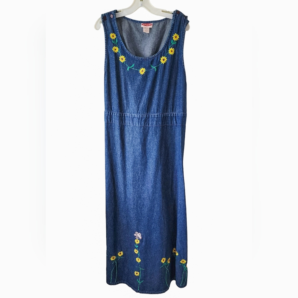 Floral Sunflower Embroidered Denim Maxi Dress